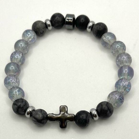 Natural Black Network, crystal beads, Hematite rondelle & Cross stretch bracelet - Picture 2 of 3